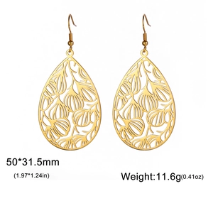 Boucles d'oreilles vintage en forme de goutte en acier doré avec motif feuille ajourée