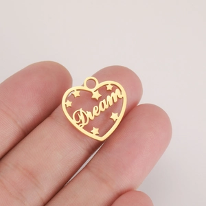 Golden heart-shaped stainless steel pendant with DREAM cutout and star patterns