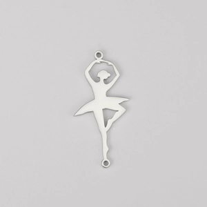 Detailed close-up of a silver ballet dancer pendant with double hole connector for DIY jewelry