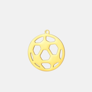 Detail of a hollowed-out golden soccer ball pendant in stainless steel with a polished finish