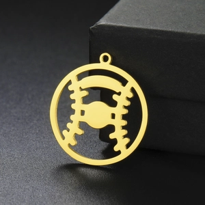 Polished gold stainless steel baseball pendant with hollow cutout sport design