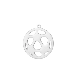 Close-up of circular stainless steel soccer pendant with hollow hexagon cutout design