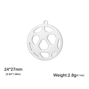Polished stainless steel soccer ball pendant detail with dimensions 24x27mm and weight 2.8g