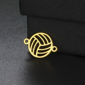 Golden hollow volleyball charm pendant in stainless steel with double connector rings