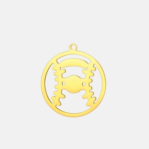 Detailed view of a round golden stainless steel baseball pendant with hollow stitching design
