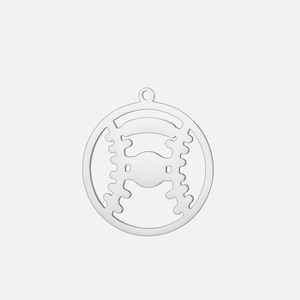 Detailed view of a round stainless steel baseball stitching pendant with top ring