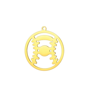 Macro detail of round golden stainless steel baseball pendant with hollow stitching