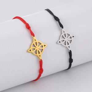 Adjustable woven rope bracelets with Celtic knot charms in red-gold and black-silver colors