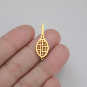 Detailed view of a gold tennis racket pendant with hollow mesh and dual attachment loops