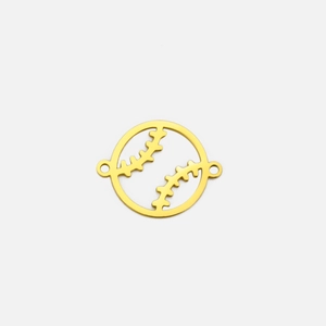 Detailed view of a gold-plated stainless steel hollow baseball charm with dual connector loops