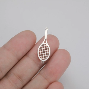 Polished stainless steel tennis racket charm with cutout mesh and dual loops for DIY jewelry