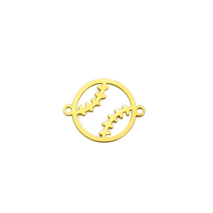 Detailed view of golden hollow baseball charm connector in stainless steel for DIY jewelry