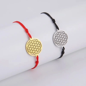 Flower of Life adjustable woven rope bracelet with gold and silver geometric pendants