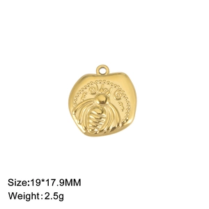 Detail view of a 19mm gold stainless steel bee embossed pendant with size specifications