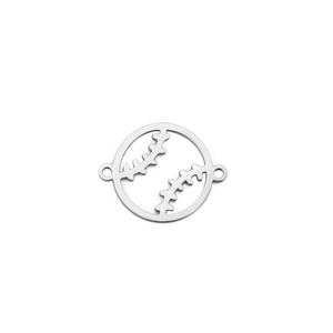 Macro detail of stainless steel baseball charm with hollow stitching and dual connectors