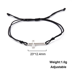 Detail of adjustable black cord bracelet with a 23x12.4mm stainless steel cross pendant