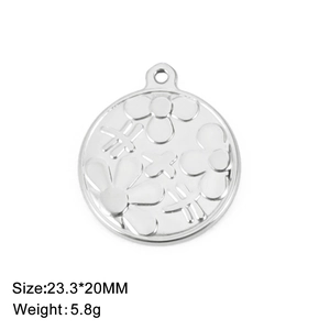 Detail showing 23.3x20mm stainless steel round pendant with floral dragonfly relief