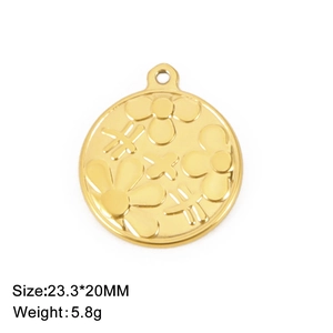 Stainless steel round pendant with embossed flower and dragonfly design for DIY jewelry