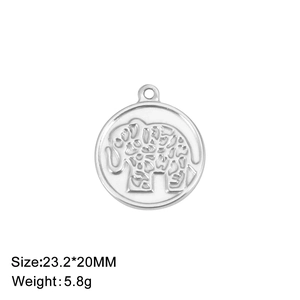 Polished stainless steel round elephant pendant with mandala patterns 23.2x20mm size