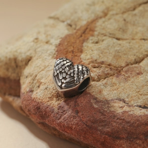 Vintage stainless steel heart bead with wing texture for DIY bracelet jewelry making