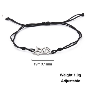 Adjustable black cord bracelet with a minimalist geometric fox charm in stainless steel