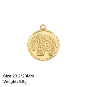 Detailed close-up of golden stainless steel elephant relief pendant with size markings