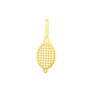 Detailed view of hollow tennis racket pendant with double loops in gold-plated steel