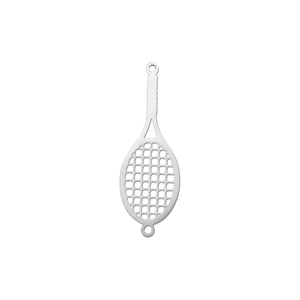 Detailed macro view of a dual-hole stainless steel tennis racket charm for DIY jewelry making