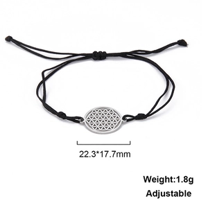 Detail of adjustable black cord bracelet with flower of life stainless steel charm