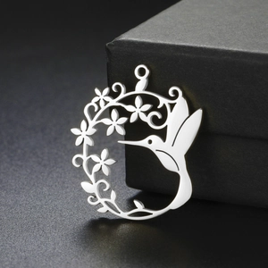 Pendentif couronne de fleurs et colibri en acier poli pour création de bijoux DIY