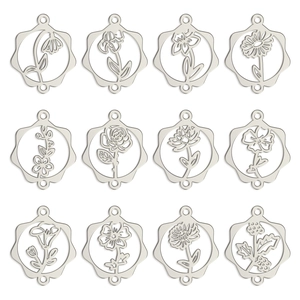 Lot de 12 pendentifs fleurs de naissance en acier inoxydable argenté pour bijoux