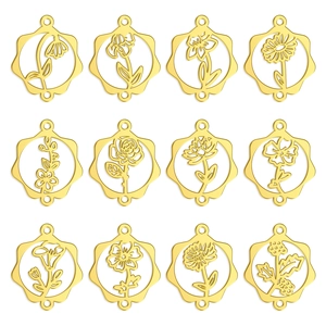 Pendentifs Fleur de Mois de Naissance en Acier Inoxydable Or Argent Connecteurs Floraux Ajourés pour Collier Bracelet DIY