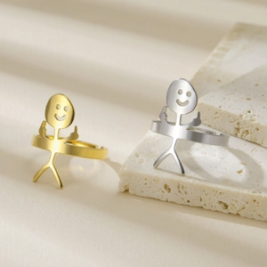 Anelli regolabili stickman divertenti in acciaio inossidabile oro e argento