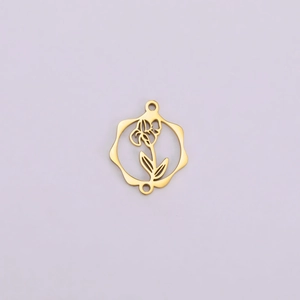 Pendentif fleur de naissance en acier inoxydable doré avec motif floral creux et deux anneaux