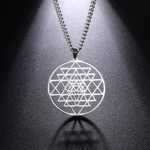 Zilveren Sri Yantra geometrische hanger ketting met grove roestvrijstalen ketting