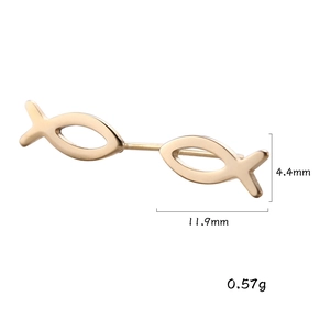 Detailed size view of gold ichthys stud earrings measuring 11.9mm by 4.4mm and 0.57g weight