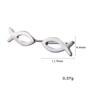 Pair of minimalist silver titanium steel fish studs measuring 11.9mm by 4.4mm size