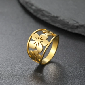 Elegante Anello Traforato in Acciaio Inossidabile Fiori di Ciliegio Per Donna Regalo Festa Oro Colore Acciaio Anello Fiore Gioielli