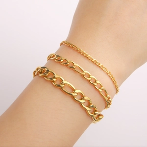 Set di tre bracciali Figaro in oro 18 carati per donna in acciaio inossidabile lucido