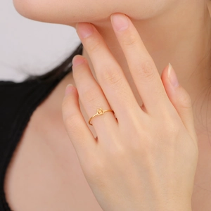 Close-up of minimalist 18K gold plated stainless steel ring with double symbol design