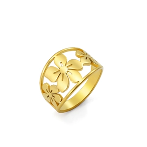 Anello elegante in acciaio inossidabile dorato con motivo traforato di fiori plumeria