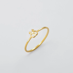 Macro view of polished 18K gold-plated ring featuring dual interlocking female symbols