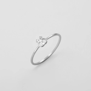 Macro view of interlocking female Venus symbols on a sleek silver stainless steel ring