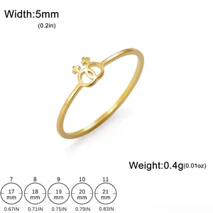 Size chart for 18K gold-plated stainless steel ring featuring female symbol details