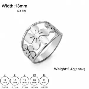 Anello in acciaio con fiori di ciliegio e tabella delle taglie americane 7-11