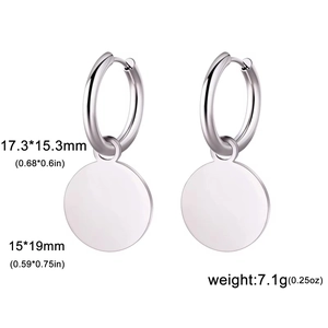 Polished stainless steel round disc hoop earrings with detailed size measurements