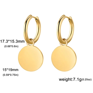 Polished gold stainless steel hoop earrings with round disc charms on white background