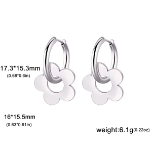 Detail view of silver stainless steel hoop earrings with flower charms and size measurements