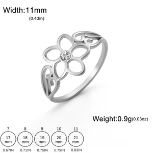 Maattabel voor zilveren titanium stalen ring met uitgehold ontwerp van vijfbladige bloem