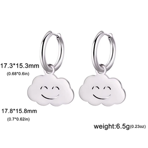 Detailed view of silver stainless steel cloud earrings with smiling face and dimensions